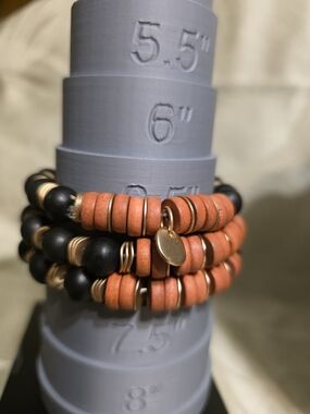 #215 Plunder 3 Orange and Black Stacked Bead Bracelet Set with Gold Accents